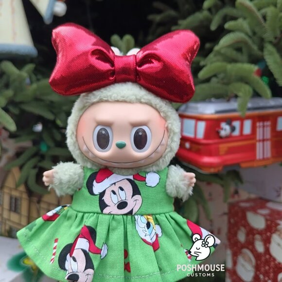 Holiday Christmas Santa Claus Custom Dress and Oversized Metallic Bow for Labubu - Picture 2 of 8